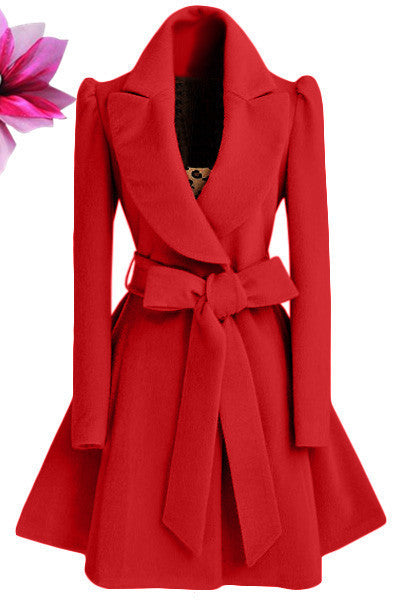 Cinched Waist Slim-fit Women's Woolen Coat