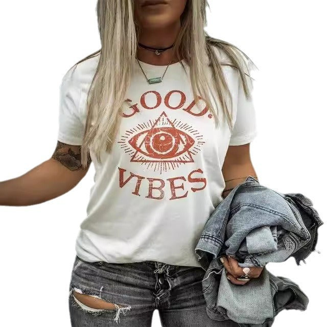 Best Selling Women's Clothes Top Eye Graphic Print Crew Neck Short Sleeve T-shirt