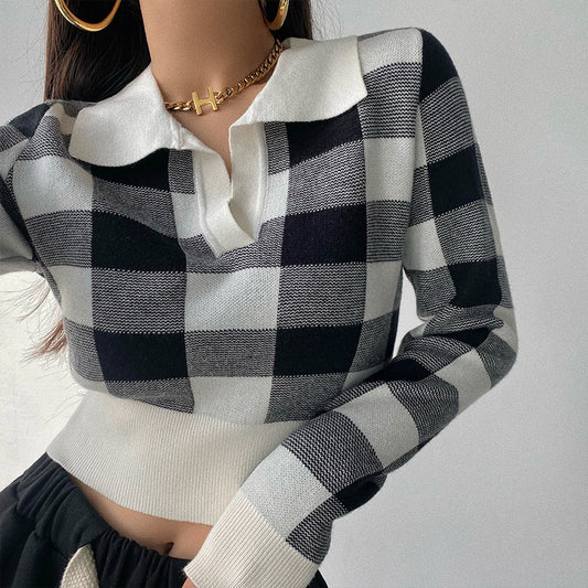 American Retro Plaid Slim Fit Short Sweater