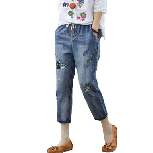 Women's Denim Cropped Harem Pants Loose