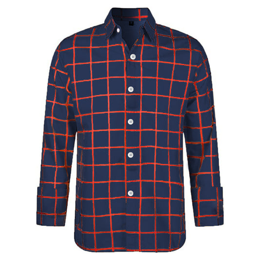 Men's Printed Four-sided Elastic Loose British-style Long-sleeved Lapel Plaid Shirt