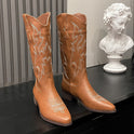 Summer Brown V Cut Thick High Heel Embroidery Retro Western Cowboy Boot