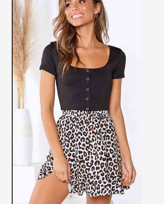 Leopard-print mid-rise elasticated ruffled short skirt