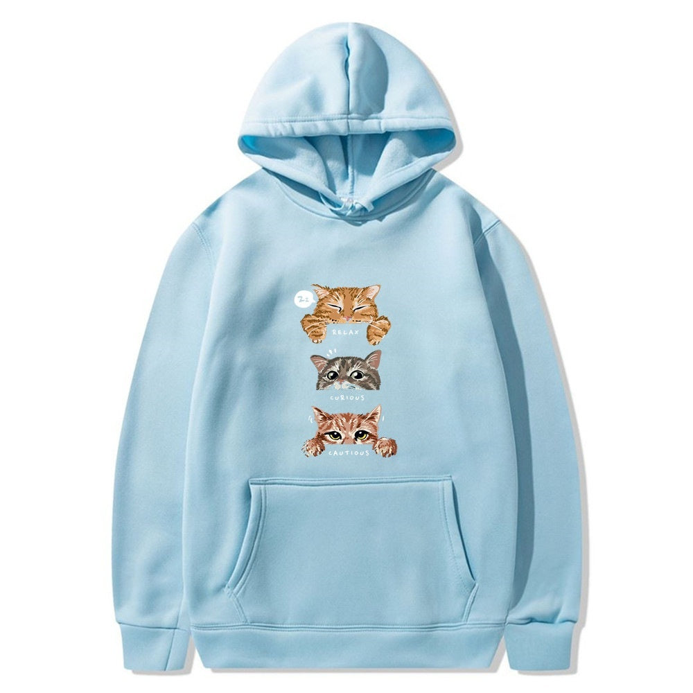 Cat Print Hooded Pullover Leisure Sweatshirt