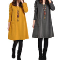 Pure color literary long sleeve dress