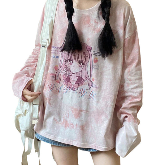 Loose Cartoon Comic Girl Print Round Neck Long Sleeve