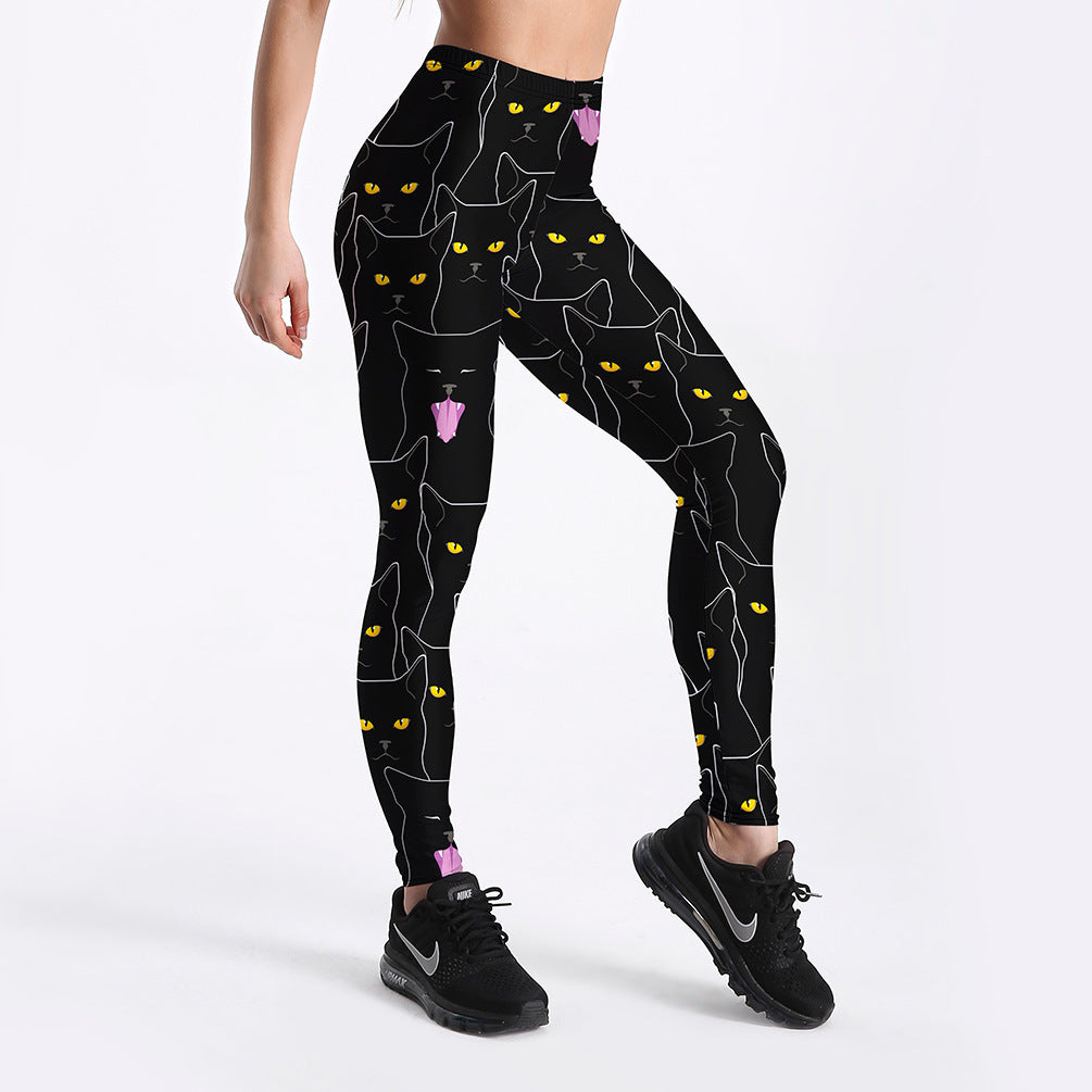 Black cat print women's slim sports leggings