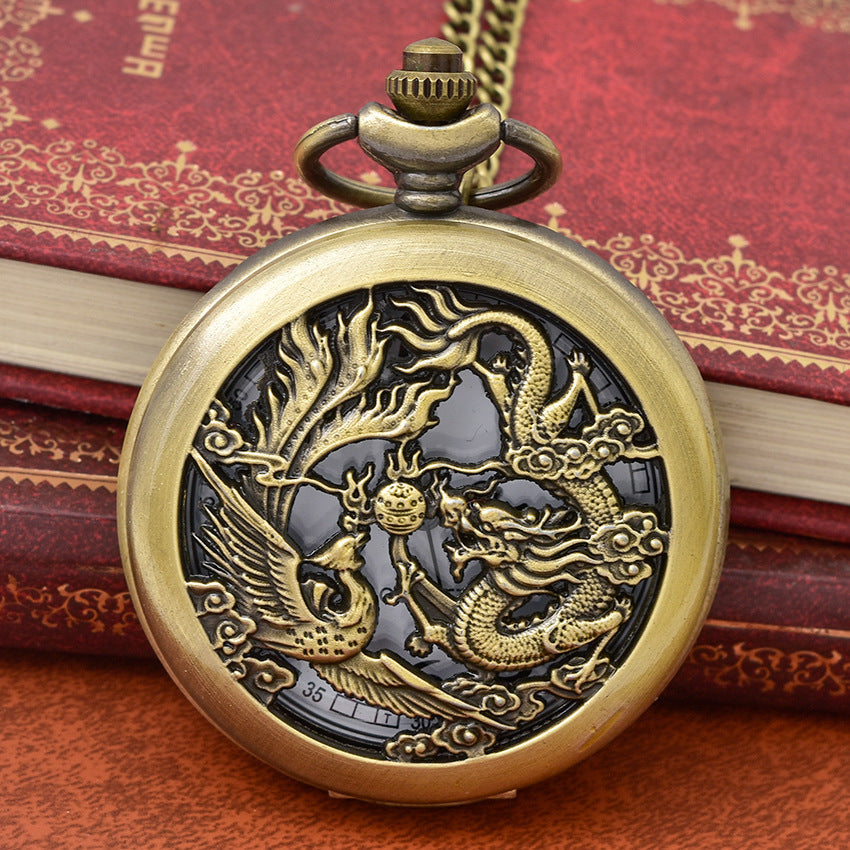 Hollow dragon and phoenix play beads pocket watch