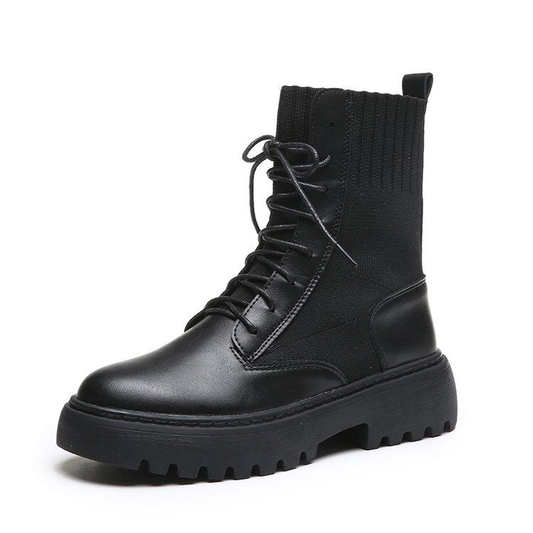 Women's thick-heel motorcycle platform short flat boots