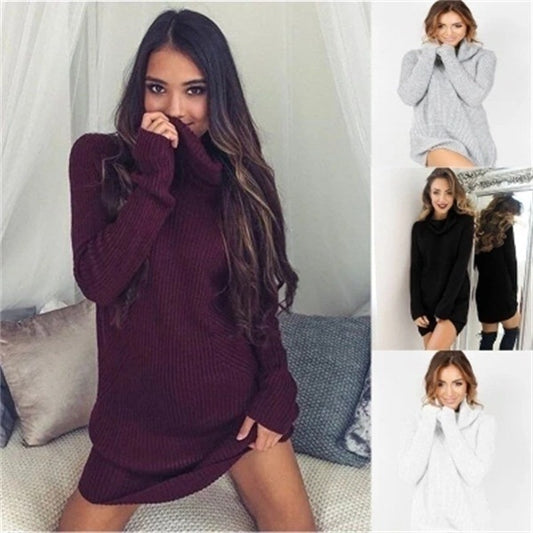 Popular spring and autumn new sexy high collar Long Sleeve Sweater Dress high collar knitted dress