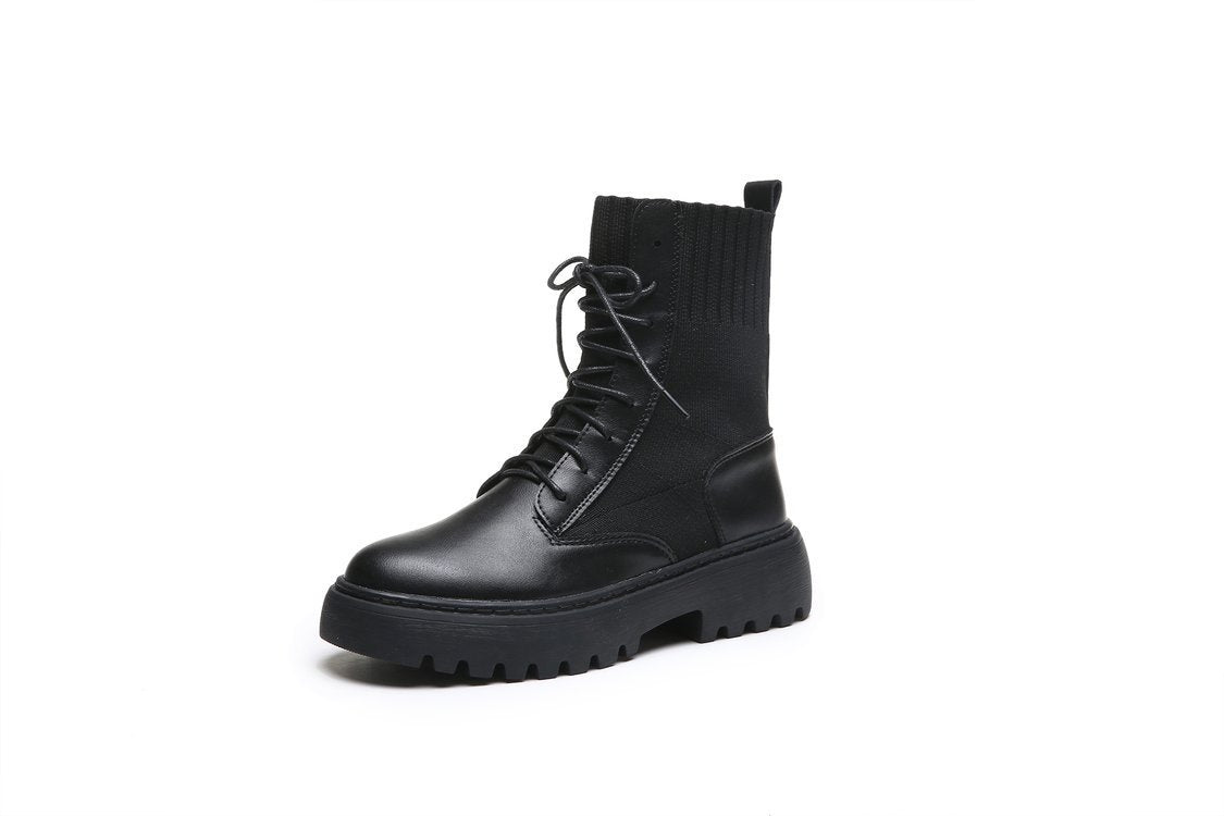 Women's thick-heel motorcycle platform short flat boots