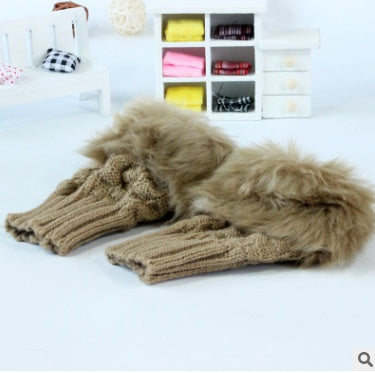 Autumn and winter warm thickening ladies gloves Korean rabbit hair cute half finger gloves wool knit gloves