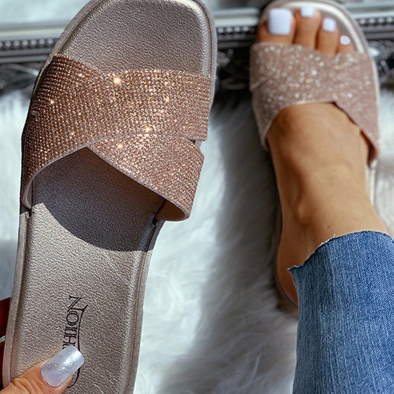 Plus size slippers sequins rhinestone flat bottom