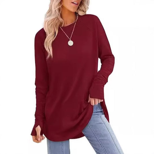 Solid Color Split-finger Long-sleeved Shirt Loose Mid-length