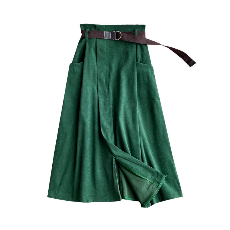 Solid Color Leisure Artistic Pocket High Waist Slimming Irregular Midi Skirt