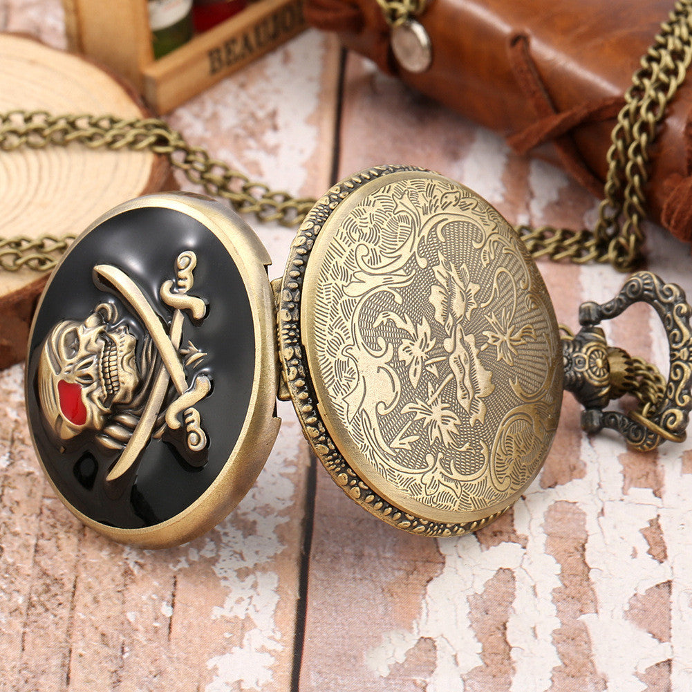 Bronze Epoxy Skull Pattern Necklace Large Pocket Watch