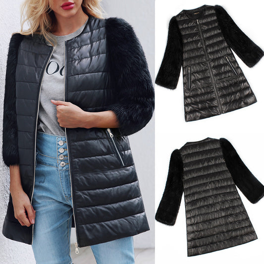 PU Leather Faux Fur 3/4 Sleeve Jacket