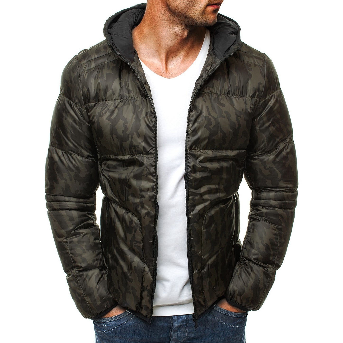 New Men's Short Camouflage Hooded Long Sleeve Cotton Jacket