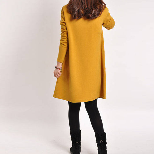 Pure color literary long sleeve dress