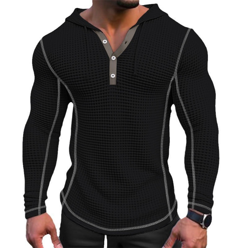 Men's Waffle Button Hoodie T-shirt Top Holiday Long Sleeve Casual Fashion