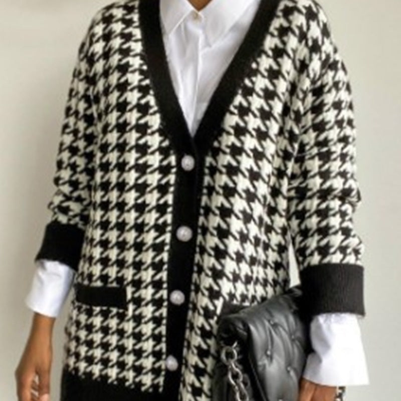 European and American Checked Commuter Knit Pullover Loose Casual Cardigan