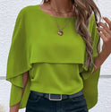 Solid Layered Cloak Sleeve Blouse, Versatile Crew Neck Blouse For Spring & Fall, Women's Clothing