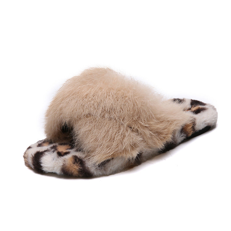 Rabbit fur leopard print cross-hair slippers