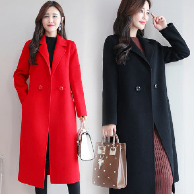 Solid Color Suit Collar Long-sleeved Woolen Coat