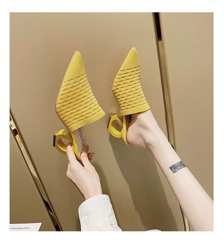 Baotou Half Slippers Female Solid Color Plus Size Lazy Mid-heel Pointed Sandals