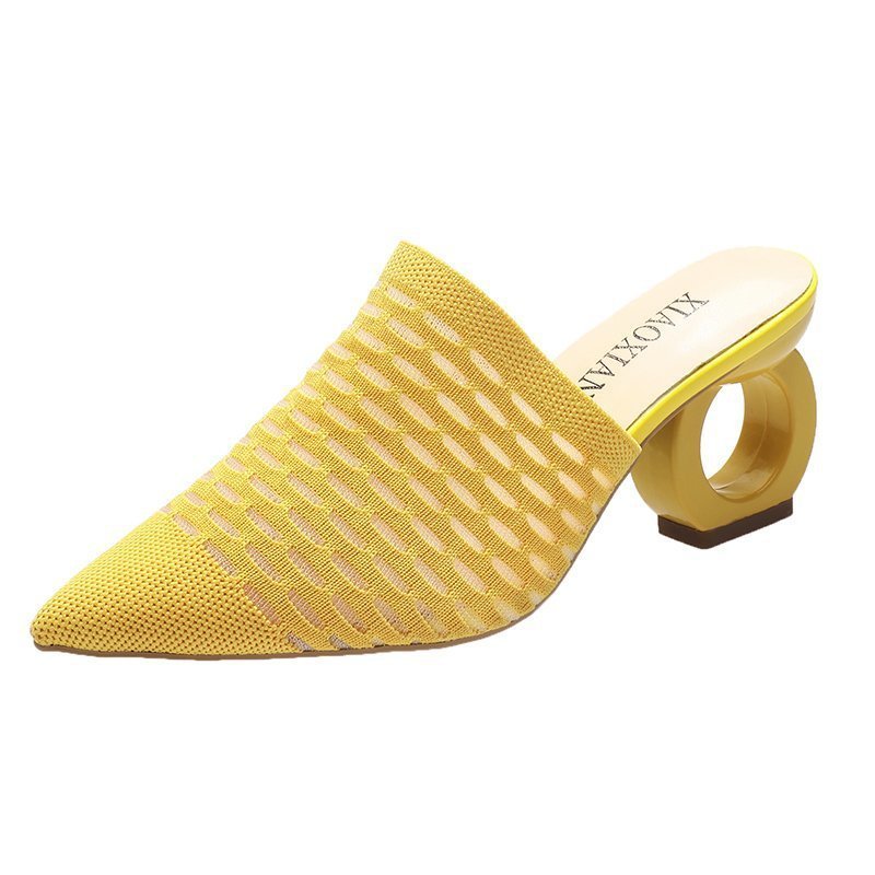 Baotou Half Slippers Female Solid Color Plus Size Lazy Mid-heel Pointed Sandals