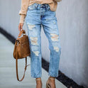 Street Hipster Mid-Waist Torn Straight-Leg Pants