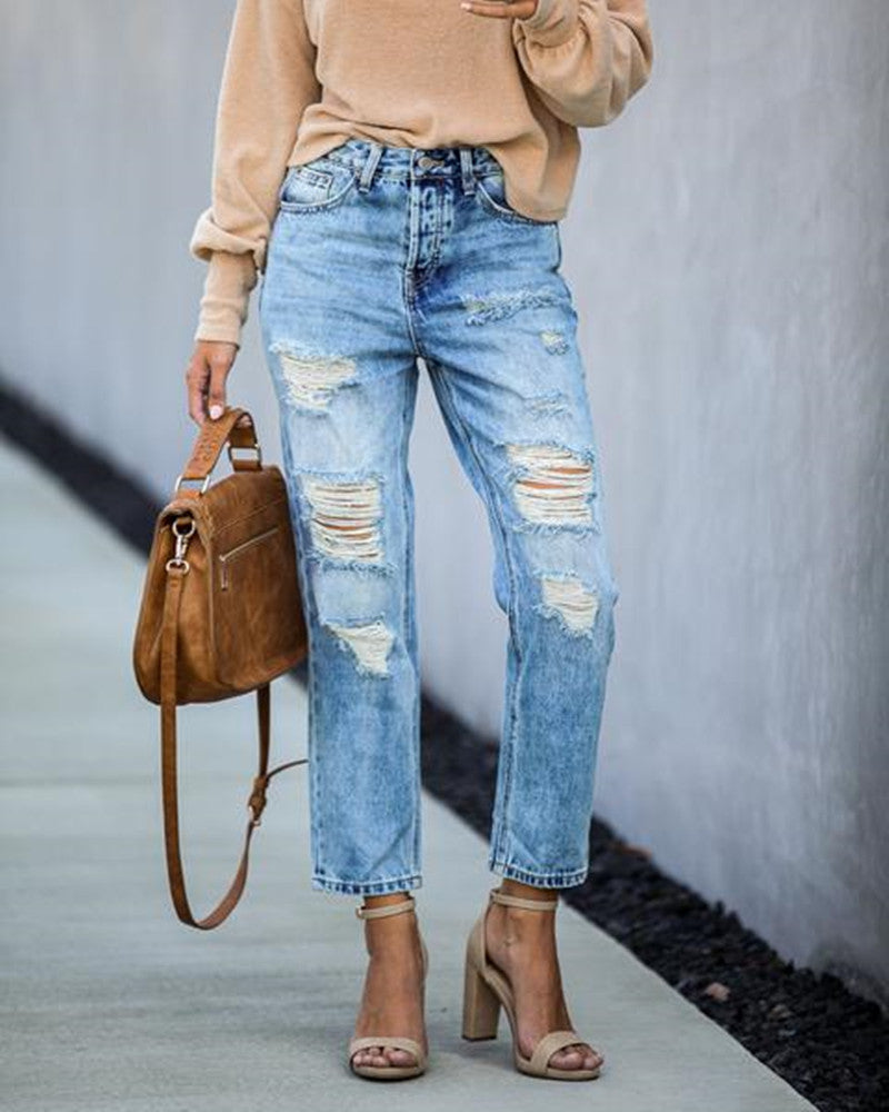 Street Hipster Mid-Waist Torn Straight-Leg Pants