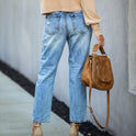 Street Hipster Mid-Waist Torn Straight-Leg Pants