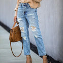 Street Hipster Mid-Waist Torn Straight-Leg Pants