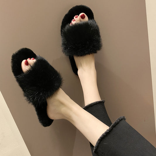 The New One-Word Candy Color Fashion Outer Wear Plush Slippers