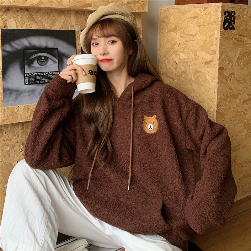 Thick Lamb Velvet Embroidered Bear Hooded Autumn And Winter Plus Velvet Sweater