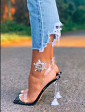 Sunflower Rhinestone Square Toe Transparent Wine Glass Heel Stiletto Open Toe Women Sandals