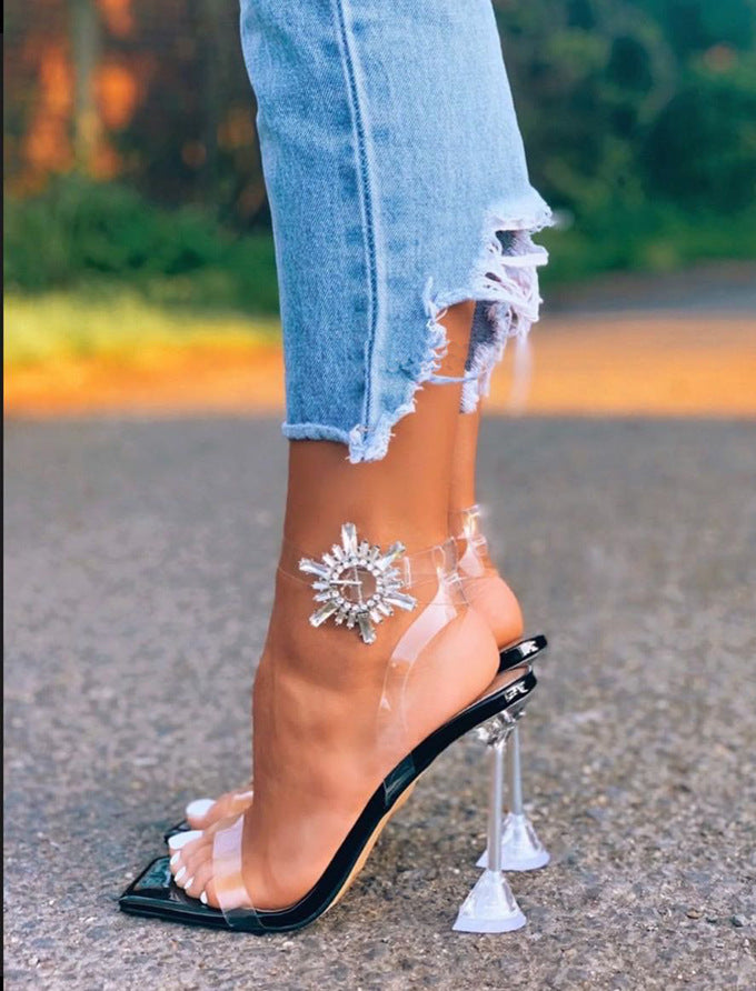 Sunflower Rhinestone Square Toe Transparent Wine Glass Heel Stiletto Open Toe Women Sandals