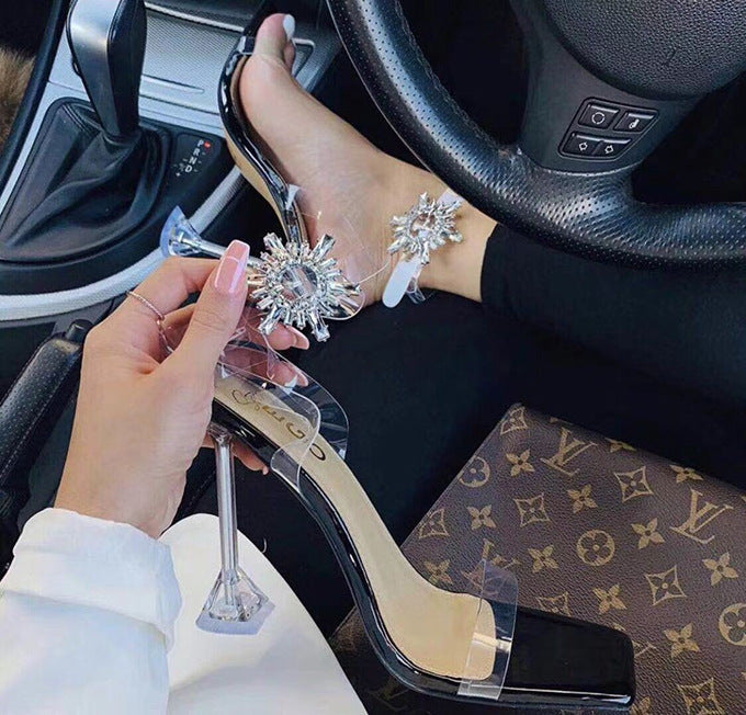 Sunflower Rhinestone Square Toe Transparent Wine Glass Heel Stiletto Open Toe Women Sandals