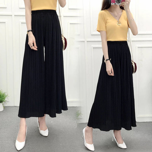 Summer Pleated Wide Leg Pants Thin Women's Eight Quarter Hakama