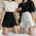 High-Waisted A-Line Short Skirt With Pleated Hips And Ruffled White Skirt