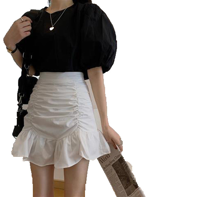 High-Waisted A-Line Short Skirt With Pleated Hips And Ruffled White Skirt