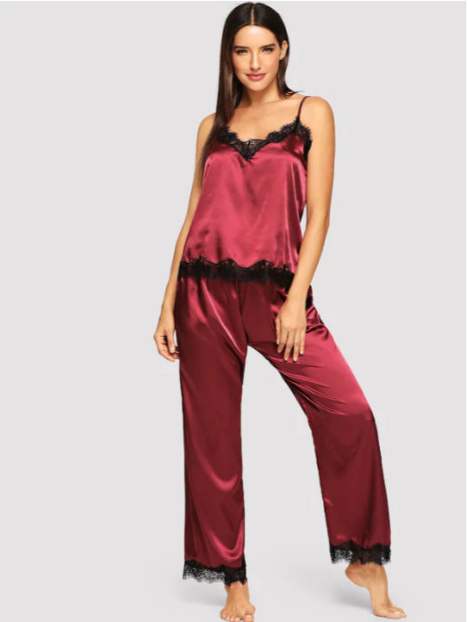 Amazon Pajamas Simulation Silk Summer Long Pajamas Two-Piece Suit