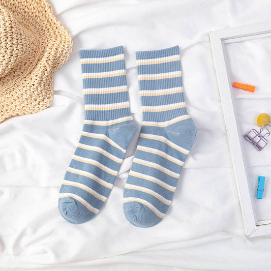 Blue And Yellow Plaid Socks British Style Striped Tube Socks