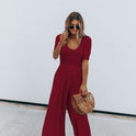 Ladies Fashion Solid Color Short Sleeve Wide Leg Loose Jumpsuit