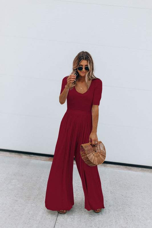 Ladies Fashion Solid Color Short Sleeve Wide Leg Loose Jumpsuit