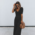 Ladies Fashion Solid Color Short Sleeve Wide Leg Loose Jumpsuit