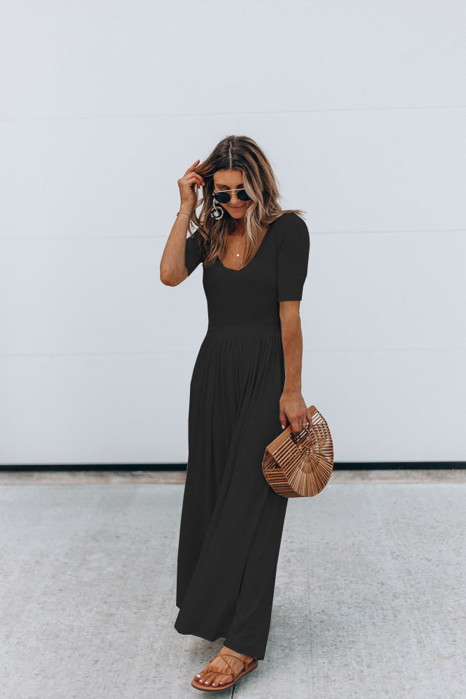 Ladies Fashion Solid Color Short Sleeve Wide Leg Loose Jumpsuit