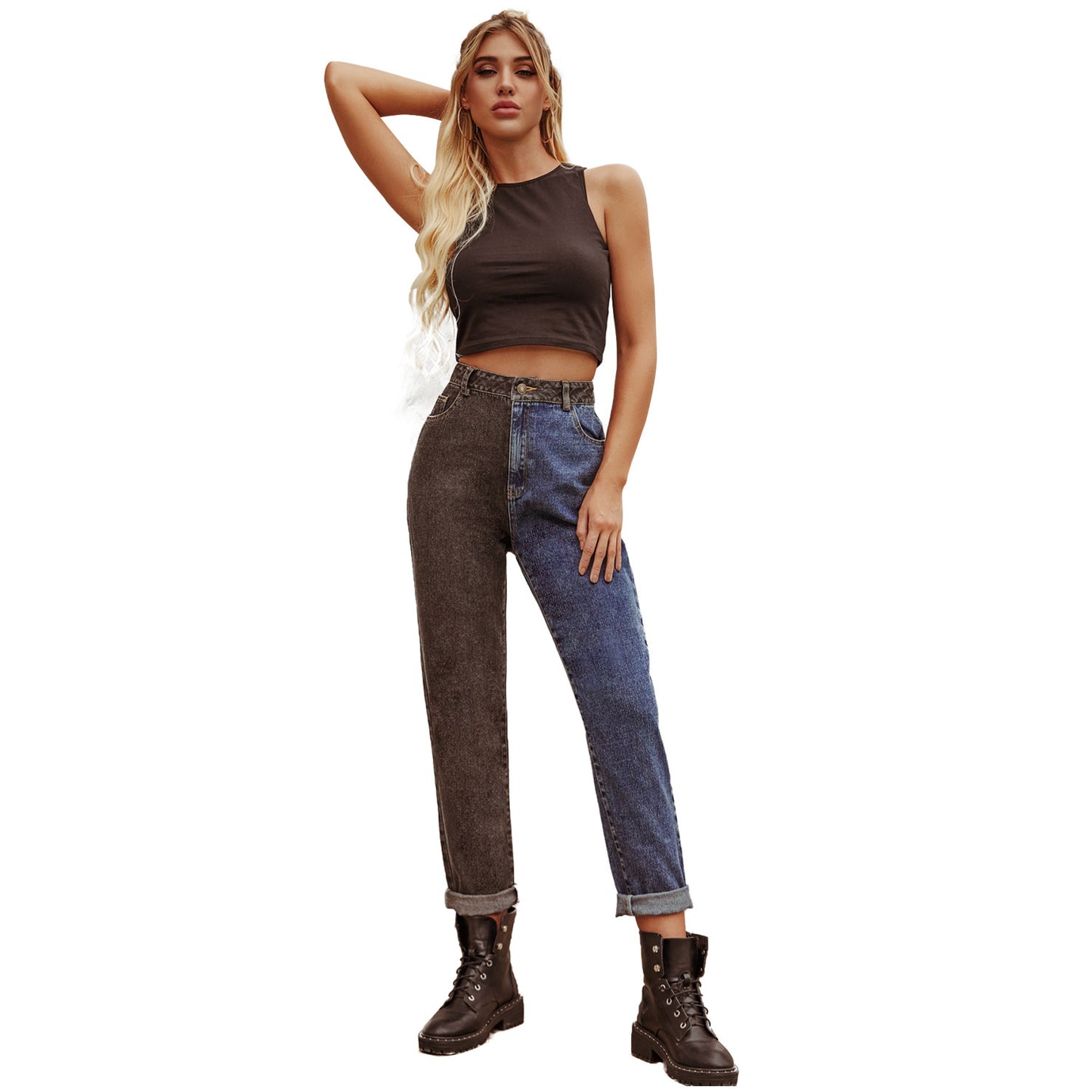 High Waist Retro Casual Color Matching High Waist Denim Washing