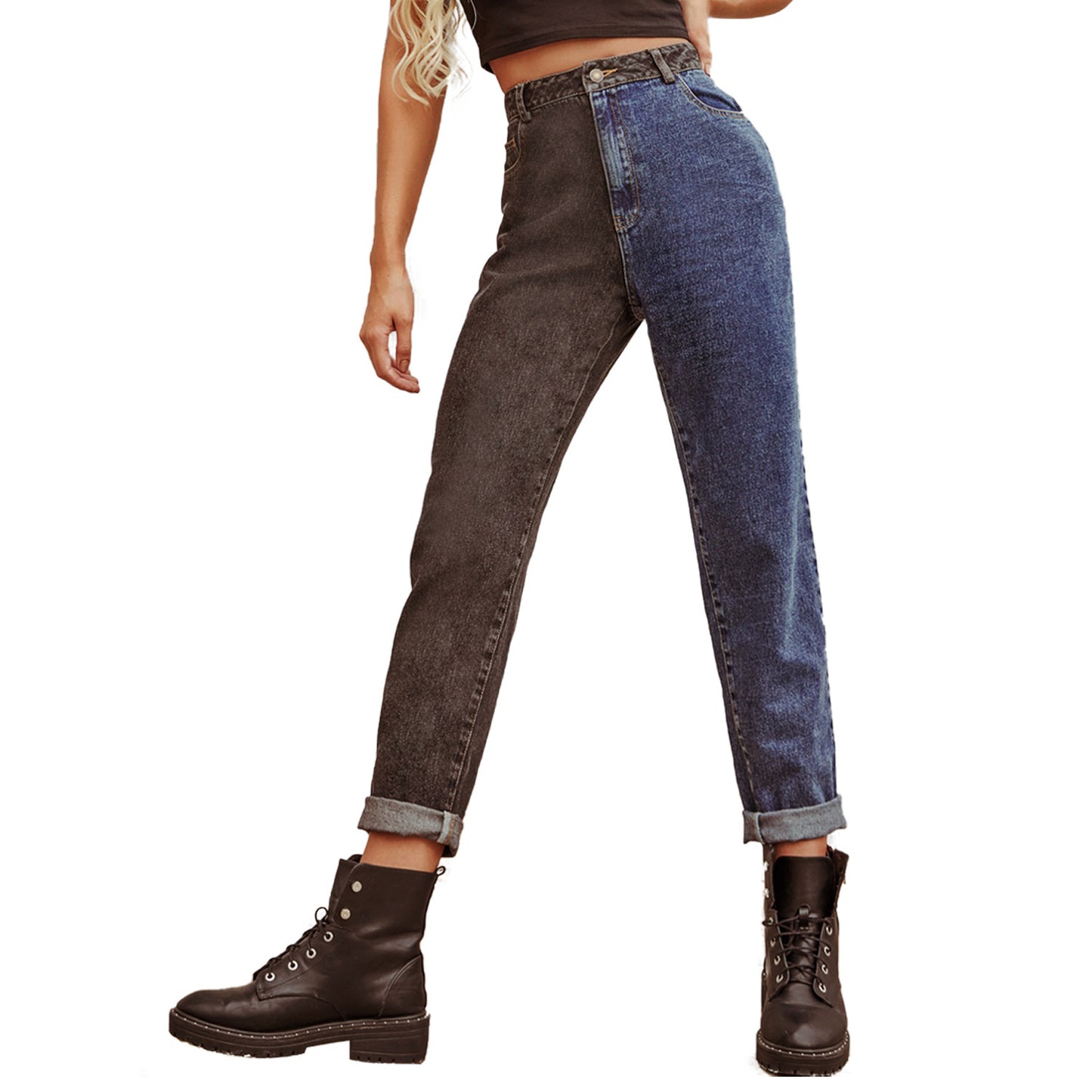 High Waist Retro Casual Color Matching High Waist Denim Washing